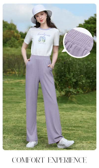 I BELIEVE YOU Wide Leg Pants Women 2024 Spring Summer New High Drape Pants Elastic High Waist Knitted Casual Trousers 2241045612