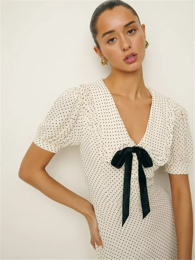 Luxury Dresses Women 2025 Summer Short Dress Sexy Frenchy Mini Dress Short Puff Sleeve Mini Dress With Bow Detail Dots Print