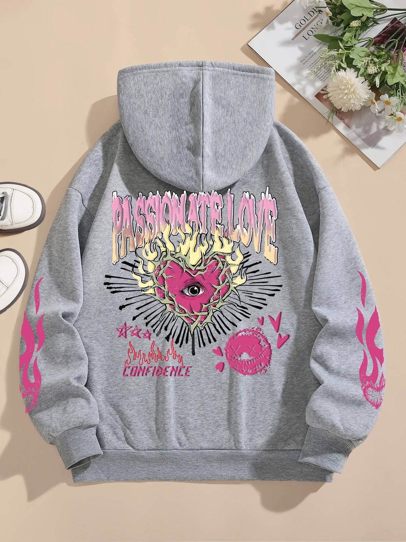 Street Women Sweatshirts Passionate Love Flame Heart Printed Hoodies Crewneck Loose Pullover Fleece Warm Female Tops Clothes