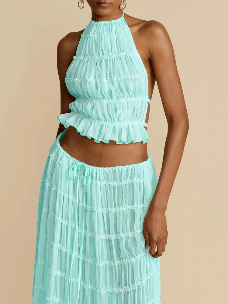 2025 Women Summer Loungewear Suits, Halter Short Top Maxi Skirts 2PCS Matching Sets, White Color Fashion Backless Ladies Outfit