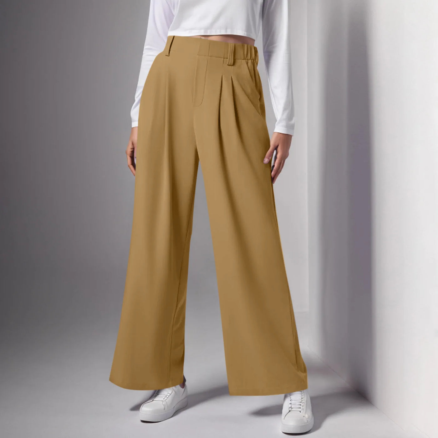 Wide Leg Pants Elastic High Waist Casual And Versatile Suit Pants For Female Simple Fashion Nine Length Trousers With Pockets