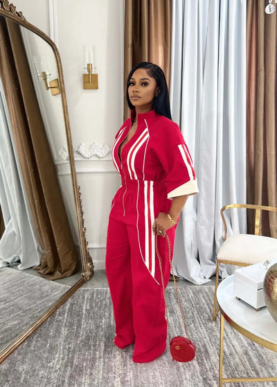 Women Jumpsuits For Spring 3/4 Sleeve Print Stripe Loose Fashion Streetwear Overalls Wide Leg Pants Trousers 2025 Summer