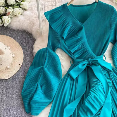 Women's V Neck Ruffles Splice Lantern Sleeve High Stretch Oversized Dresses Miyake Maxi Pleated 2025 Spring Long Party Clothing
