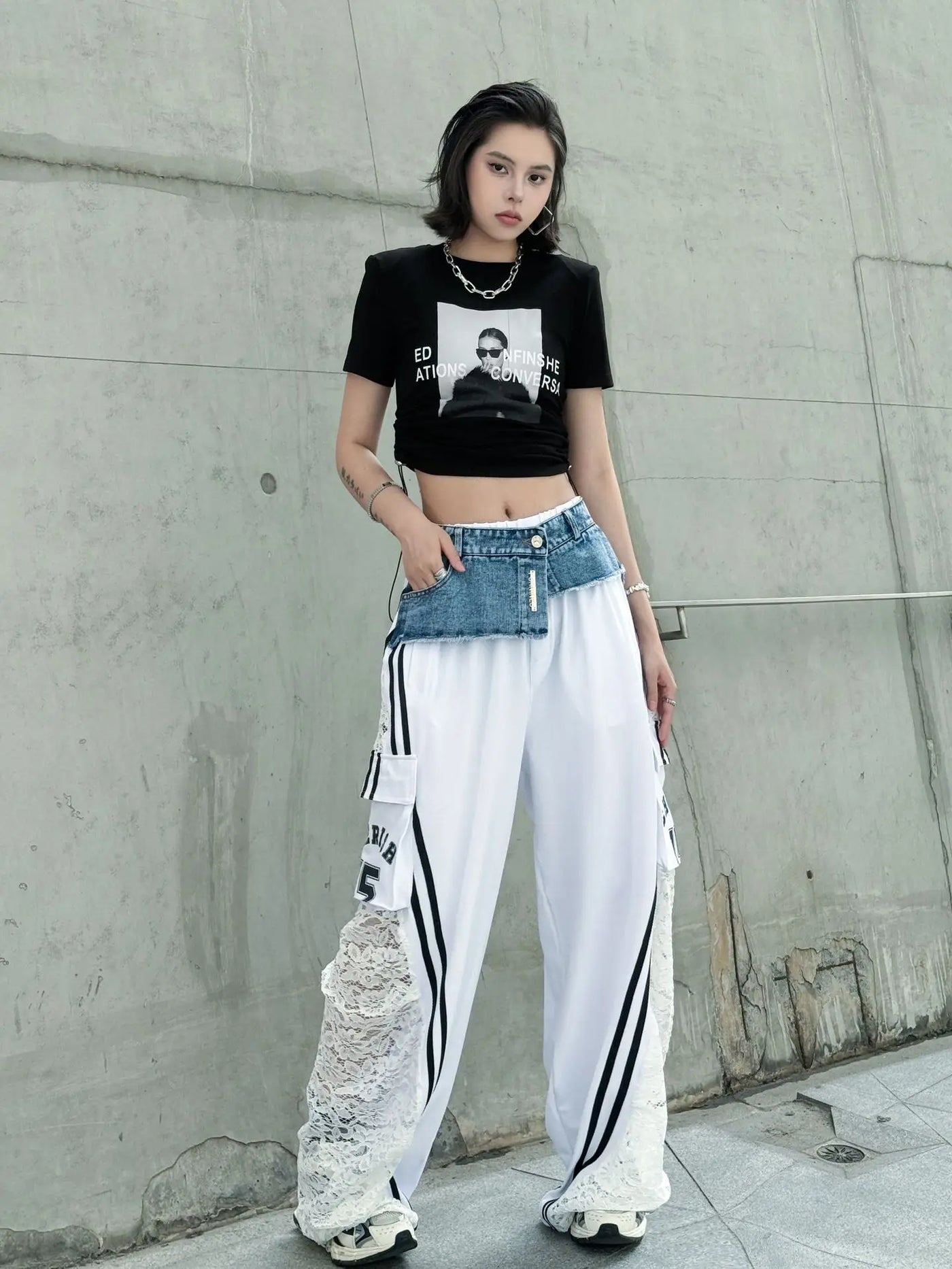 Wide Leg Pants Women Floor Length Patchwork Lace Denim Stripe Print High Waist Multiple Pockets 2025 Streetwear Cargo Trousers