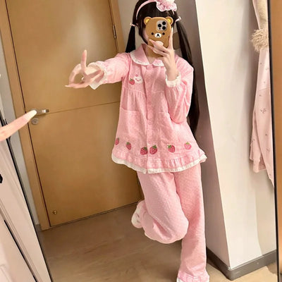 Spring Summer Women's Loungewear Cotton Yarn Pink Polka Dot Long-sleeved Top Fruit Print Sweet Short-sleeved Pajama Suit Female