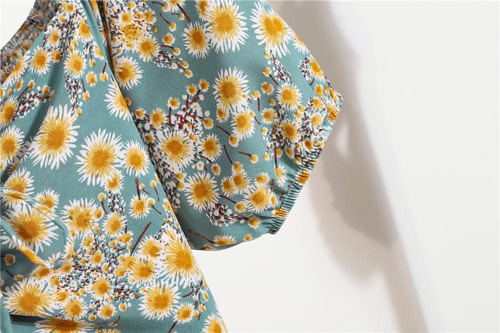 Women Mini Printed Floral Chiffon Shirring Pleated Short Puffy Sleeve Casual Dresses Summer Fashion
