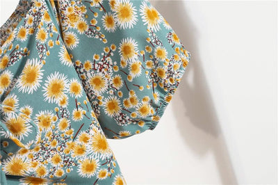 Women Mini Printed Floral Chiffon Shirring Pleated Short Puffy Sleeve Casual Dresses Summer Fashion