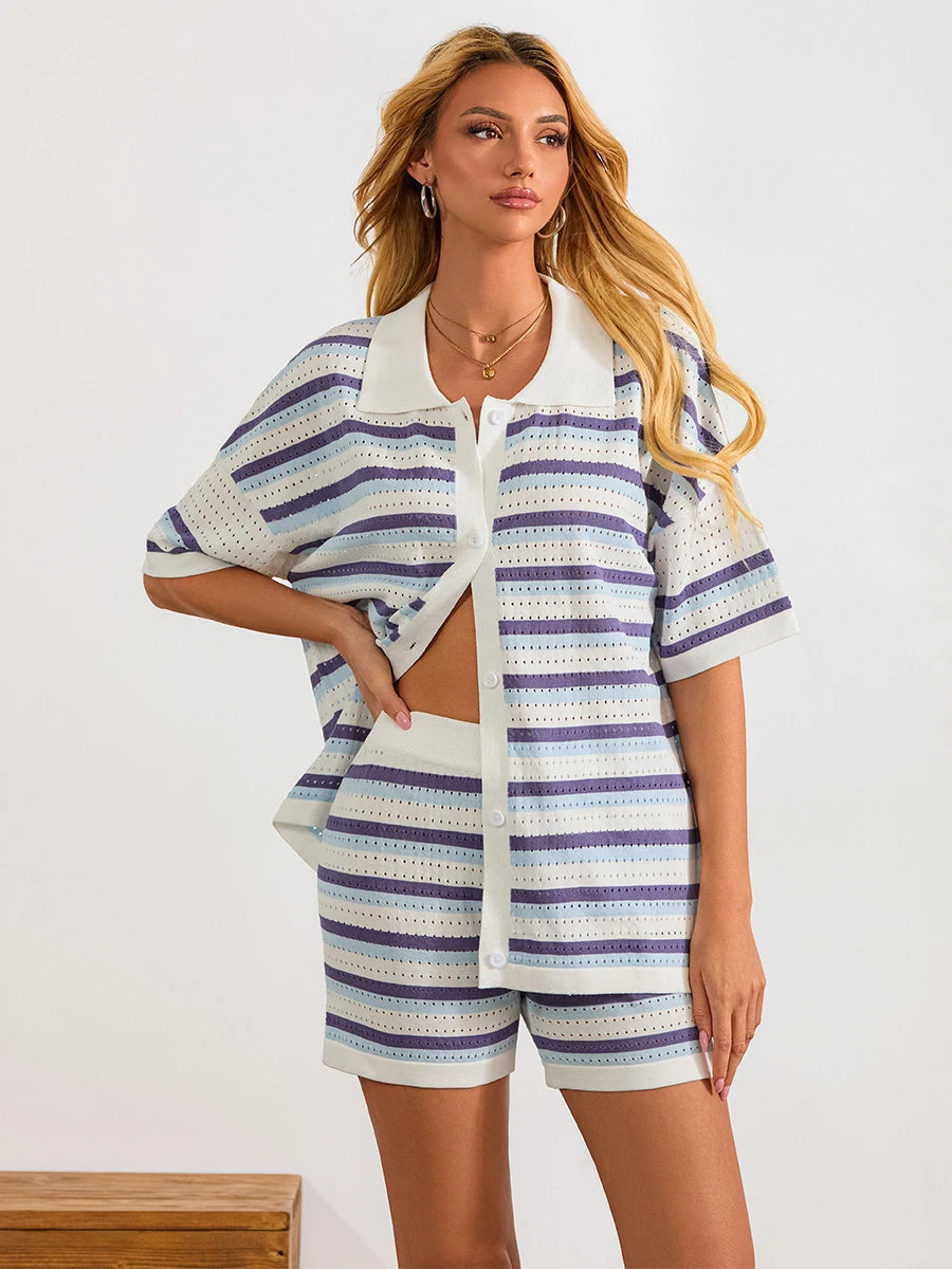 Women Pajamas Set 2 Pieces Loungewear Suits Summer Striped Contrast Color Button Crochet Knit Tops and Shorts Lounge Sets Beach