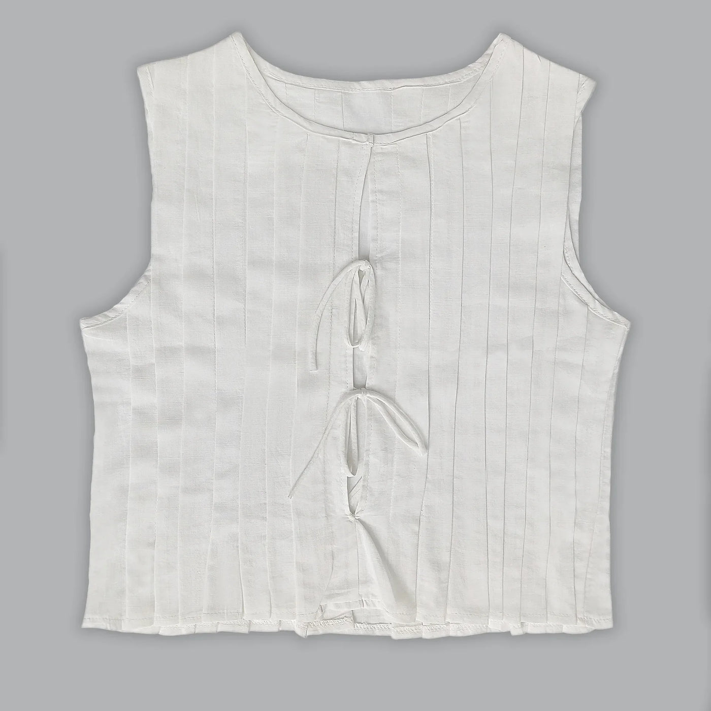 Fashion Bow Lace Up Shirts Women Cotton Linen Hollow Out Sleeveless Pleated Blouses Woman 2025 Summer New Casual Lady White Tops