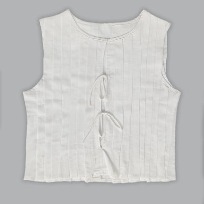Fashion Bow Lace Up Shirts Women Cotton Linen Hollow Out Sleeveless Pleated Blouses Woman 2025 Summer New Casual Lady White Tops