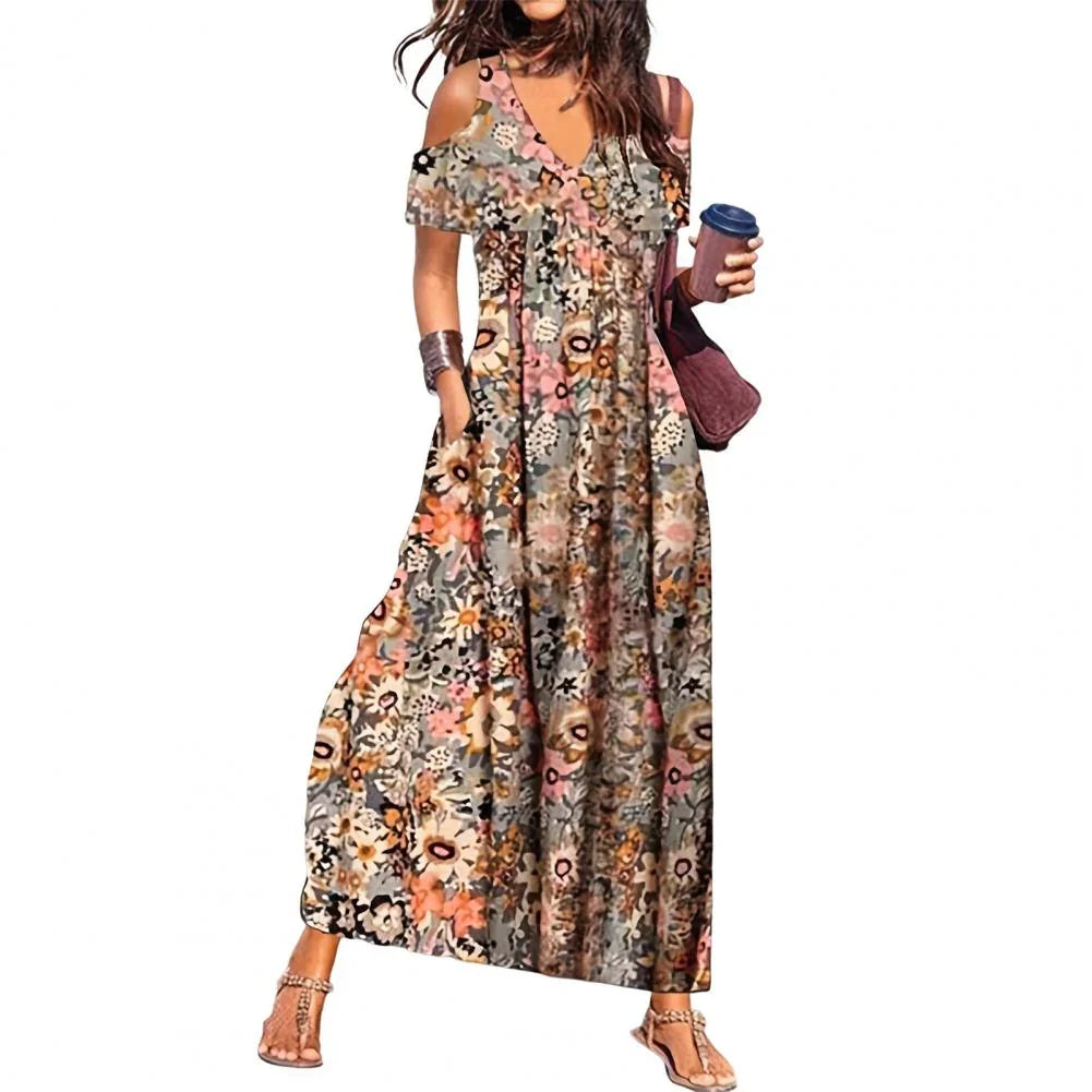 Women Summer Dress Flower Print Hollow Out Short Sleeves V Neck Dress-up Pleated Off Shoulder Soft Maxi Dress Women Clothes