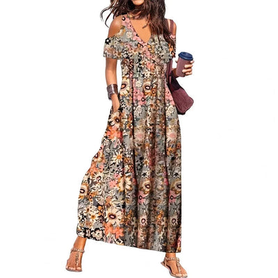 Women Summer Dress Flower Print Hollow Out Short Sleeves V Neck Dress-up Pleated Off Shoulder Soft Maxi Dress Women Clothes