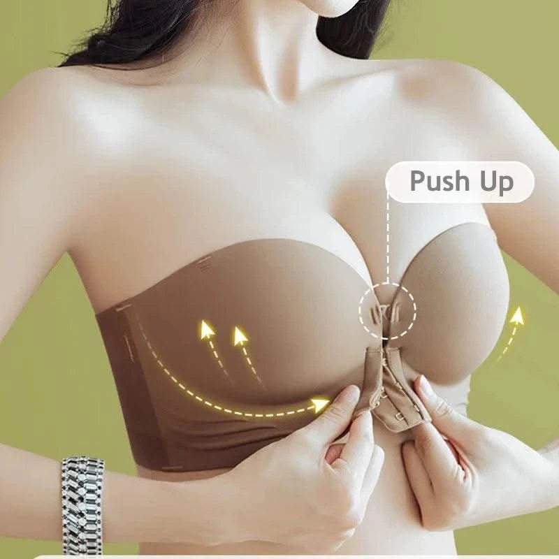 Front Closure Strapless Bras For Women Seamless Push Up Brassiere Thick Soft Underwear Solid Color Adjustable Invisible Lingerie
