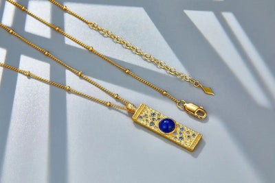 Lapis Lazuli CZ 925 Silver Gold Plated Hammered Bar Pendant Necklace Women Blue Stone Geometric Trendy Dainty Luxury Necklaces