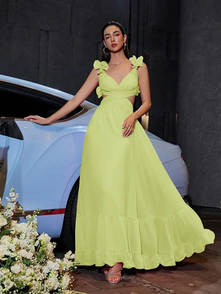 Women Wedding Dresses Summer Chiffon Flower Dress Backless Cross Tie Pleated Large Swing Evening Dress Vestidos De Mujer