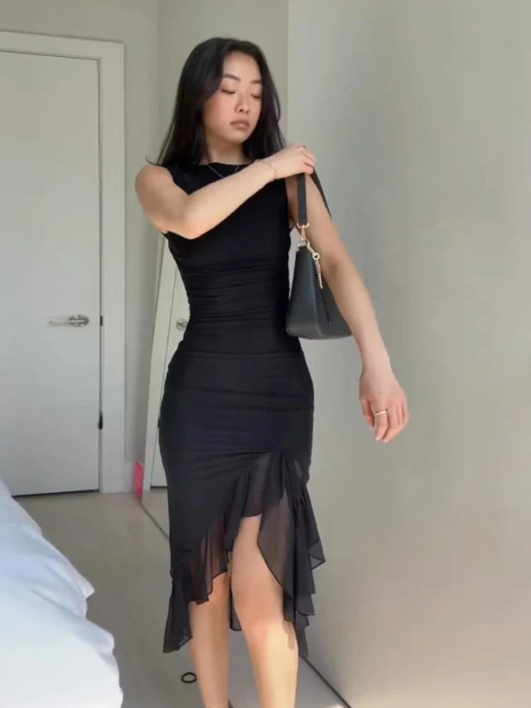 Women Maxi Dress Summer Elegant Solid Sleeveless Nipped Waist Slim Backless Ruffled Irregular Party Dresses Streetwear