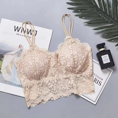 Women's Lace Bra Sexy Hollow Out Flower Underwear Bralette Wireless Push Up Breathable Strap Padded Vest Lingerie