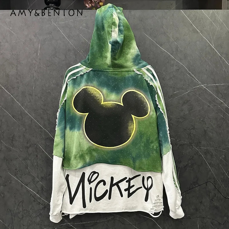 Autumn New Heavy Industry New Style Distressed Fake Two-Piece Cartoon Top Hoodies For Women's Loose Casual Versatile Top Jacket