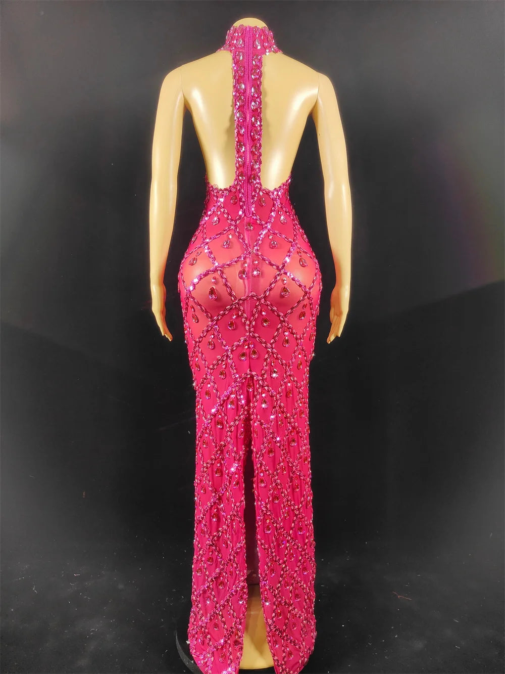 Women Sexy Stage Shining Rhinestone Sequins Dress Evening Prom Birthday Dress Transparent Performance Singer Club Host Dress