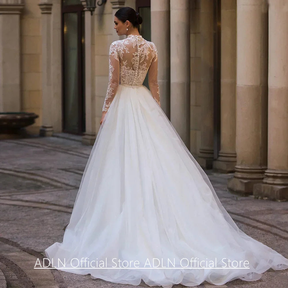Woman Mermaid Wedding Dresses Vestido De Noiva Customized High Neck Full Sleeves Applique Detachable Train Bridal Gown