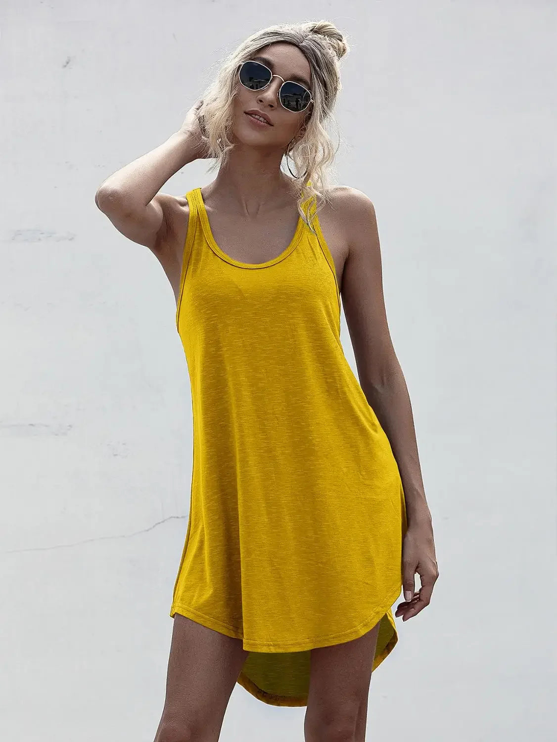 Summer Tank Dress Sleeveless Solid O-neck Loose Off Shoulder Asymmetrical Women Midi Dresses Streetwear