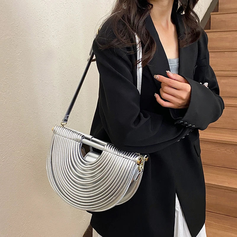 Handbags for Women 2025 New Gold Luxury Designer Brand Handwoven Noodle Bags Rope Knotted Pulled Half Moon Silver Evening Clutch