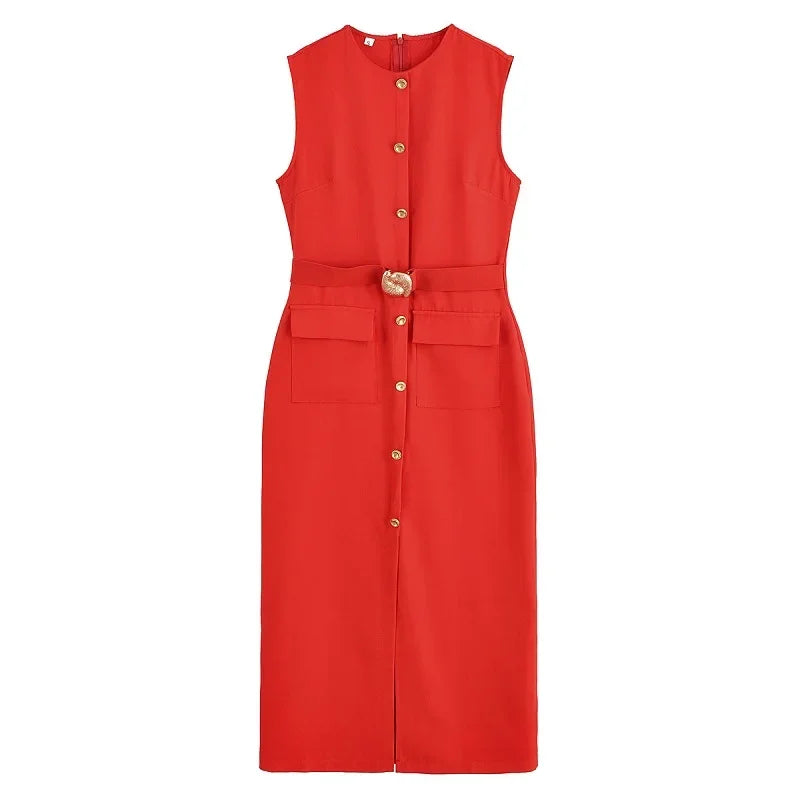 MUJER 2025 Womens Dresses Black Office Long Dresses for Women Spring Sleeveless Midi Dress Woman Belt Button Women's Dress Vest