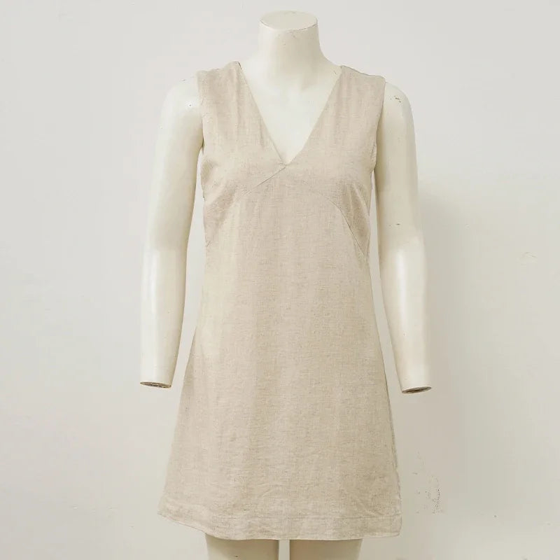 Women's Casual Linen Sleeveless Dress V-Neck Chic Elegant Cotton-Linen Blend Summer Fashion Sexy Chic New Arrival Vestidos