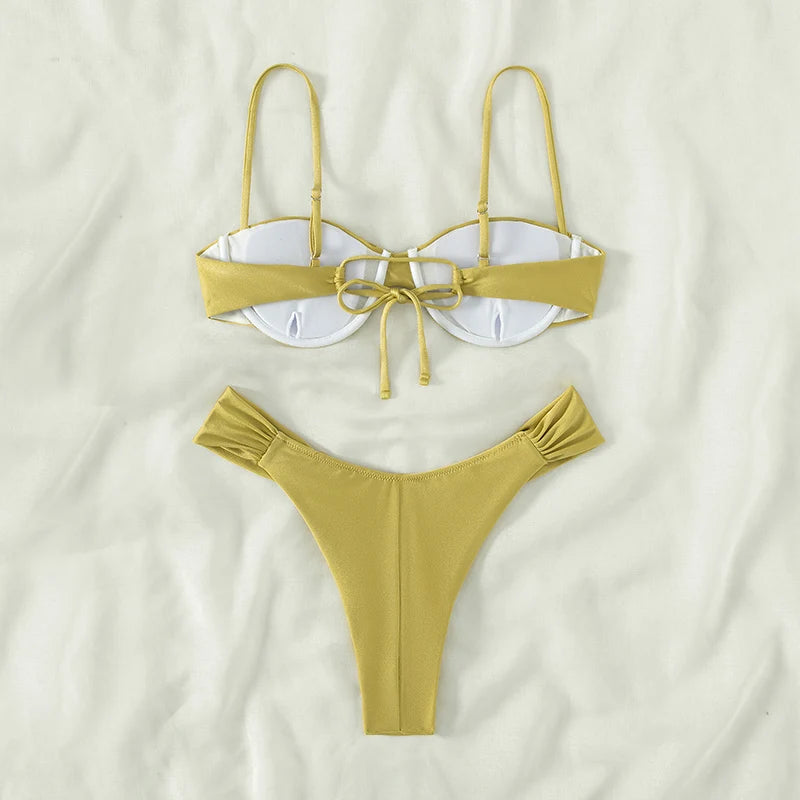 2023 New Swimwear Women Bikini Sets New Sexy Bikini Set Solid Color Sling Pleated Split Swimsuit Women 2 Pieces Micro Bikini Swi