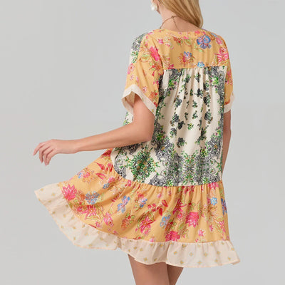 Women Summer Babydoll Dress Bohemian Holiday Vintage Floral Print Short Sleeve Deep V-Neck Flowy Dress with Pockets