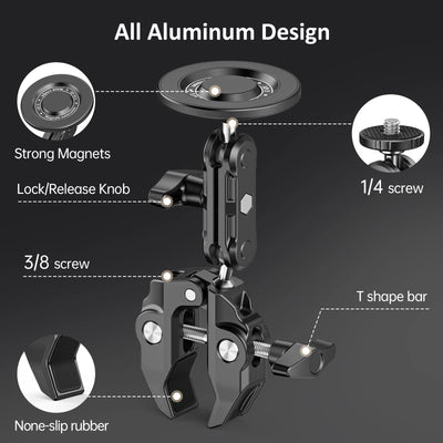 All-Metal Magsafe Phone Holder with Heavy-Duty Adjustable Clamp - Secure Magnetic Mount for Spin Bikes/mic Stands/handlebars