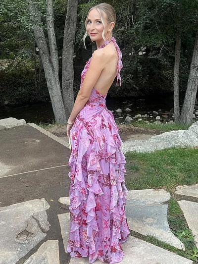Bohemian Ruffle Long Dress for Women – Pink Floral Halter Neck Evening Gown – Elegant Vacation & Wedding Guest Dresses