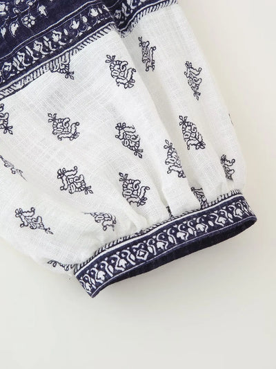 2025 Women's New Fashion Hundred Tops Puffy Sleeve Cotton Linen Printed Shirt