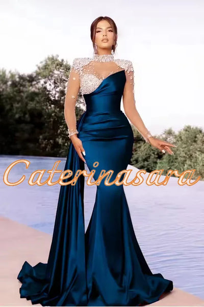 Luxury High Neck Evening Dresses For Women Mermaid Women 2024 Sheer Long Sleeves Wedding Party Prom Gowns  vestidos de noche