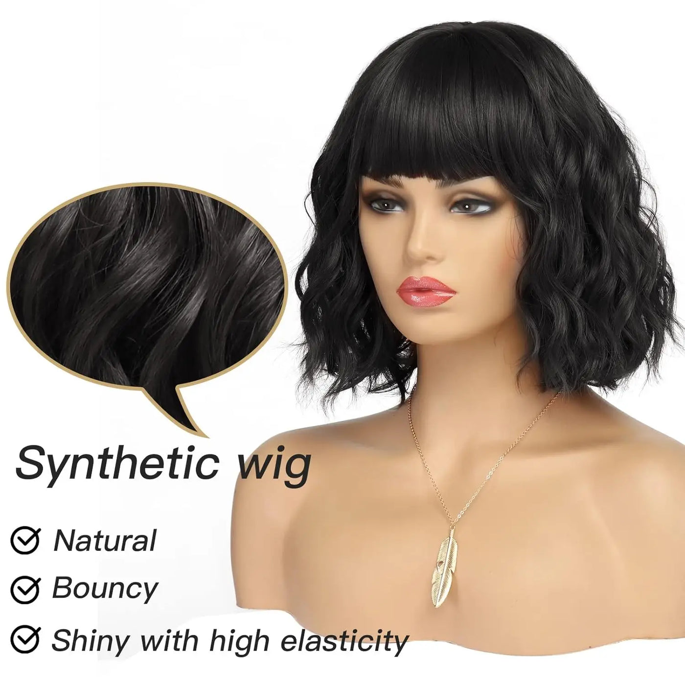 Synthetic Short Curly Bob Wig With Bangs for Women Wavy Shoulder Length Wig Short Water Wave Wig Daily Wear