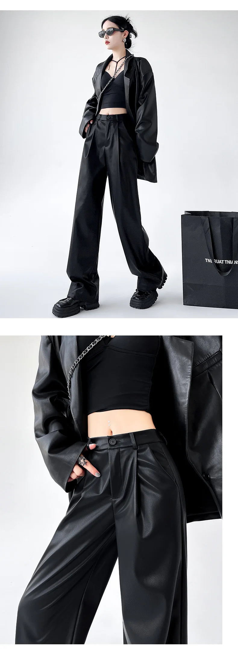 Women's Wide Leg Pants PU Straight Pants Autumn New Fashion Pantalones Mujer Solid Black Brown Leather Pants Women Streetwear