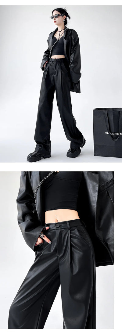 Women's Wide Leg Pants PU Straight Pants Autumn New Fashion Pantalones Mujer Solid Black Brown Leather Pants Women Streetwear