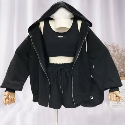 1 Set Casual Three Pieces Women Coat Drawstring Shorts Vest Set Breathable Women Hoodie Pocket Design Zipper Closure for Female - Elanique