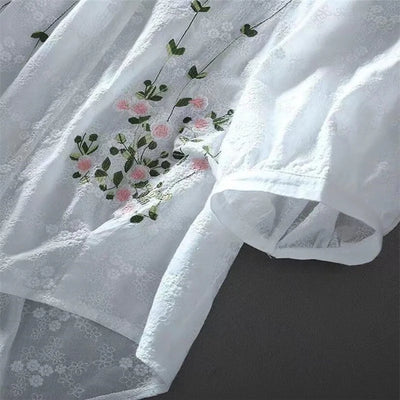 Literary Cotton Shirts For Women Embroidery Flowers Woman Blouses V-neck Half Sleeve Lace Blouses Summer Thin Top Female Shirt