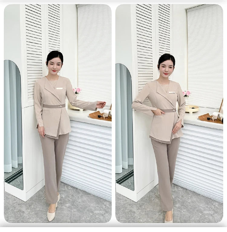 Women's Khaki SPA Uniform Set 2025 Spring/Autumn New Style Beauty Salon Front Desk Workwear Top And Pants Company Wholesale
