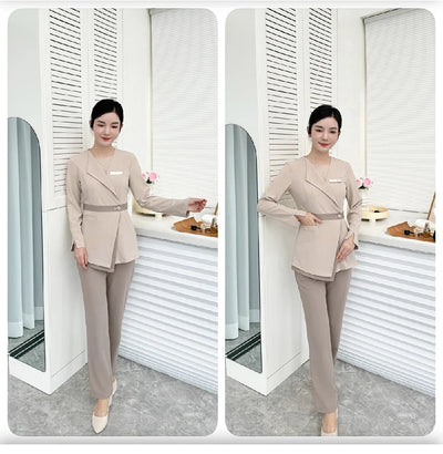 Women's Khaki SPA Uniform Set 2025 Spring/Autumn New Style Beauty Salon Front Desk Workwear Top And Pants Company Wholesale