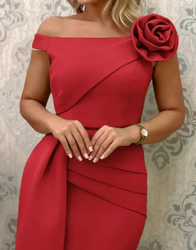 Women's Dress 2025 Fashion Spring Summer Rose Detail Asymmetrical Hem Party Dress Simple Commuting Casual Retro Elegant Dress