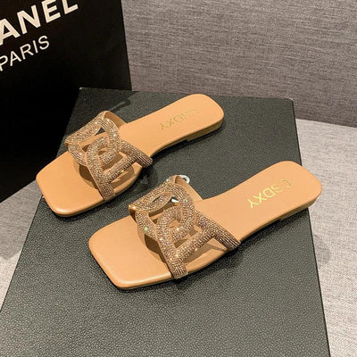 Summer Sandals for Women Flat Sandal Sparkle Rhinestone Slide Trendy Women's Beach Sparkly Dressy Slip on Bling Casual Shoes