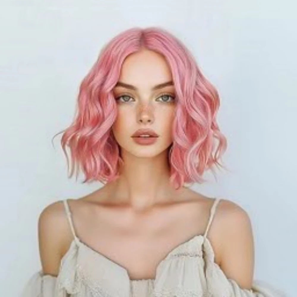 HAIRJOY Synthetic Hair Wavy Wigs for Women Short  Middle Part Curly  Bob Wig  Heat Resistant Fiber Wig for Daily Party Use
