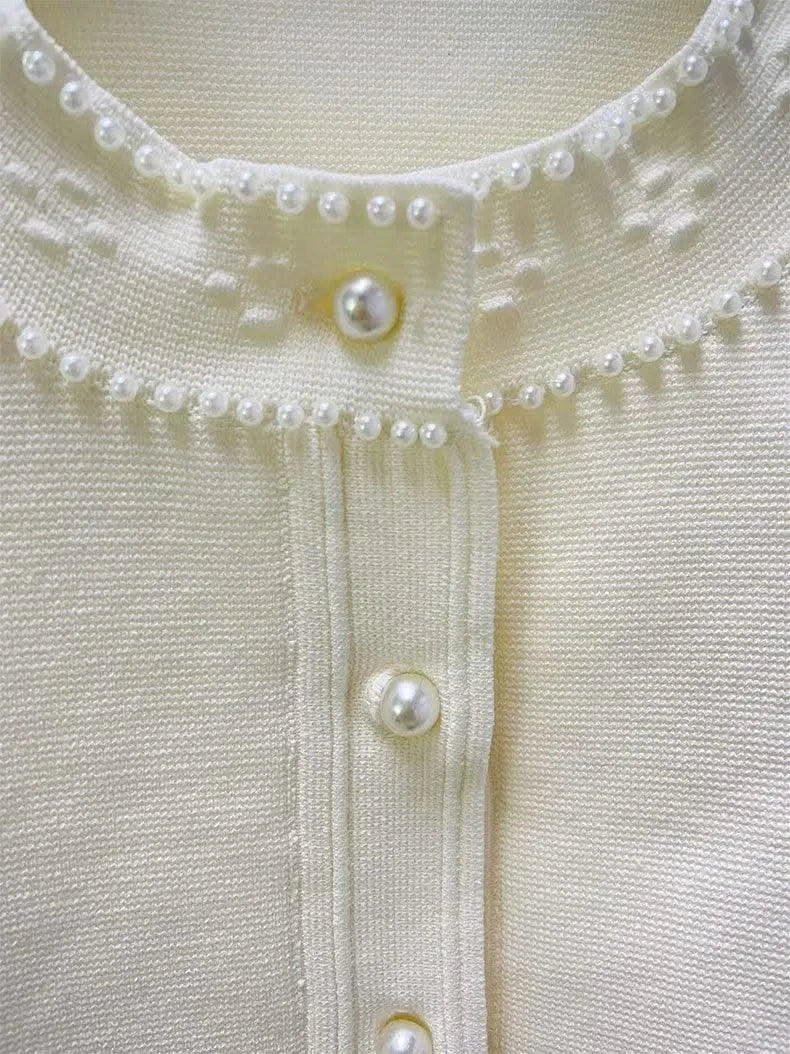 Women's summer dress with round neck and short sleeves with pearl decoration elegant party dress women's dresses trend 2025