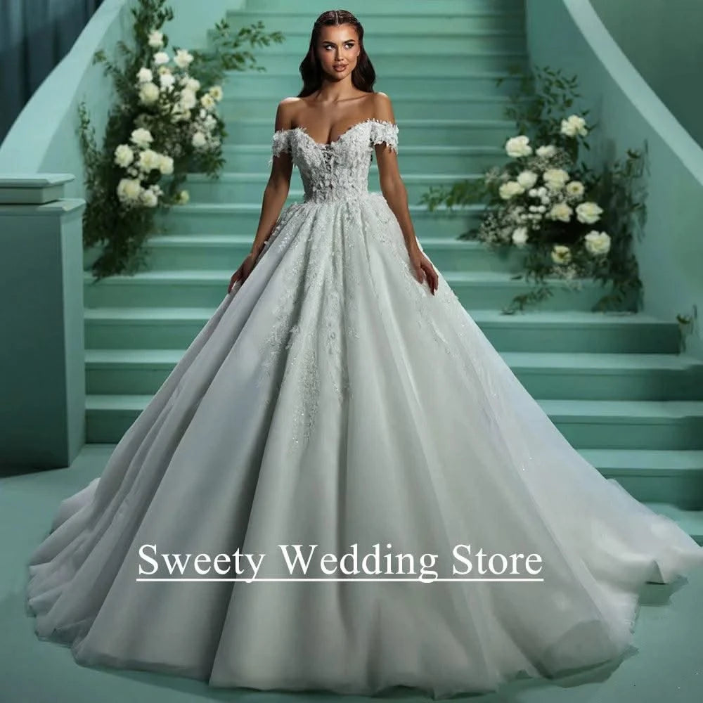 Ball Gown Wedding Dress for Bride Off The Shoulder V Neck Sparkling Beading
