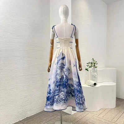 New Collection White Pleat Ruched Floral Print Sleeveless Women Midi Dress for Holiday