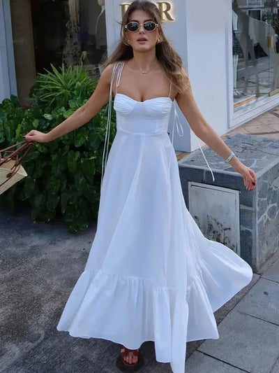 ZBZA Women's Tiered Poplin Dress Sweetheart Neckline Adjustable Bow Straps Sleeveless Camisole Midi Dress New Female Chic Dress