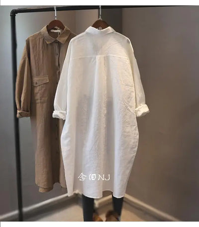 Cotton Linen Women Medium-Length White Polo Shirt Women Large Size Women Clothing Spring Autumn Design Niche Long-Sleeved Shirt