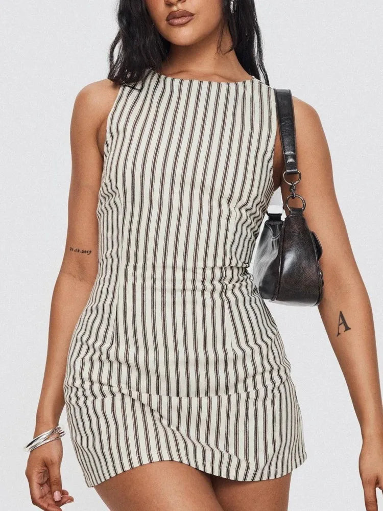 Summer New Dresses For Women Casual Fashion Striped Print Dress Crew Neck Sleeveless Vestido Mujer Dress Elegante Women Clothing